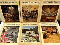 Front covers of six Architectural Digest magazines from 1971 to 1975 showing vintage interior and exterior design photos.