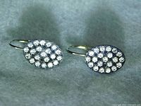 Front angle view of the pair of oval-shaped earrings showing clear crystal pavé stones in black setting and silver lever back closures.