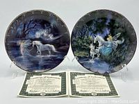 Both fantasy-themed collectible porcelain plates with certificates of authenticity displayed together.