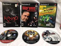 Six PlayStation 2 games, Kengo, Sopranos, Juiced in cases, three discs without cases