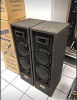 Pair of Paragon PS-9180 loudspeakers side-by-side showing front details and dark textured finish.