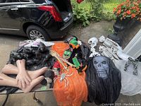 Overhead photo showing the entire Halloween lot including skeletons, plastic hands, skulls, bat and cat figurines, witch mask, orange cloth with skeleton hands, and grim reaper figure.