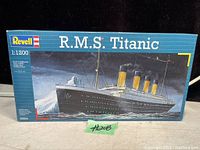 Photo of the Revell R.M.S. Titanic model kit box showing artwork and scale details.