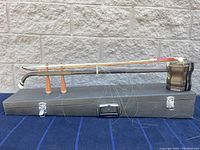 Full side view of the Erhu resting on its closed carrying case, showing the wooden neck, two tuning pegs, strings, and the snakeskin resonator.