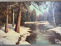 Close-up of painting surface showing winter landscape details and craquelure on paint.