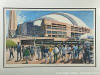 Front view of the print titled "The World Comes To Play" showing the detailed scene of a crowd outside a large domed stadium and tower.