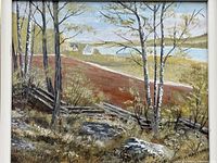 Oil on board painting of a landscape with birch trees, rocks, a fence, and houses near a water body. Signed by M. Mattheus.