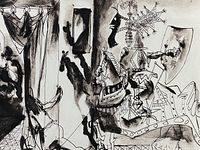 Close-up of right half of lithograph showing knight in armor on horseback and abstract details