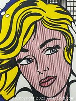 Close-up of woman's face with yellow hair and halftone skin dots, typical Roy Lichtenstein style