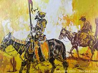 Close-up of the painting showing Don Quixote on horseback holding a lance with Sancho Panza riding a donkey behind him.