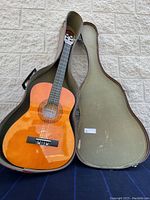 Guitar inside the leatherette carrying case, case open showing guitar details and interior lining