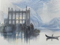 Close-up of first J. W. Turner engraving showing Gothic building on lake and single boat