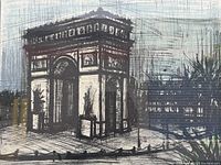 Close-up of Bernard Buffet print depicting the Arc de Triomphe in Paris with bold black lines and gray tones.