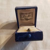 Front interior view of the antique Birks ring box, showing the logo and velvet ring holder.