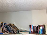 Books arranged on a shelf with visible titles and colorful covers including James Patterson novels and others.