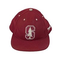 Front view of red Stanford baseball hat with white embroidered 'S' and tree logo on front.