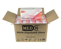 A cardboard case labeled MEDN Nitrile Disposable Glove made in Malaysia, open to show 10 boxes inside.