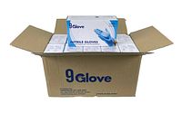 Opened cardboard case showing one box of nitrile gloves on top and nine more boxes inside.