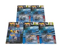 Five Hot Wheels Racing series die-cast cars in original packaging, front view showing pack designs and cars