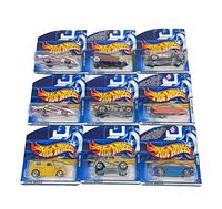 Photo showing 9 Hot Wheels cars in original sealed packaging arranged in three rows of three, various models and colors visible