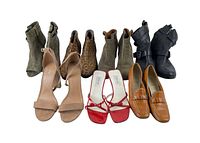 Seven pairs of ladies shoes including ankle boots, sandals, loafers in various colors and materials arranged in two rows
