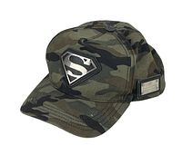 Front view of the camo snapback hat showing metal Superman-style 'S' logo on crown and side metal brand plaque