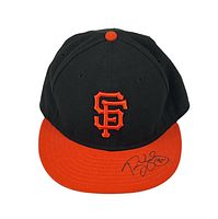Front view of the black and orange San Francisco Giants hat featuring an orange SF logo and Ryan Vogelsong autograph on the brim.