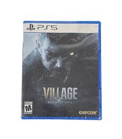 Front cover of the sealed Resident Evil Village PlayStation 5 game showing the artwork and branding.