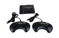 Full lot including Sega Genesis plug and play console and two wired controllers with USB connectors from a top view.