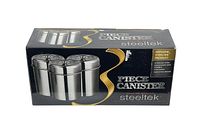 Box front showing Steeltek 5-piece canister set unopened in original box with product image and branding