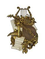 Full frontal view of the vintage Syroco 3D wall art depicting lute, lyre, grapes, flowers, and sheet music with ornate scrollwork.