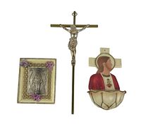 Front view of all three religious items: crucifix, Virgin Mary plaque, and holy water font.