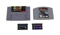 Front view of four video game cartridges showing labels for Pinball (Super Nintendo), Turok Dinosaur Hunter (Nintendo 64), Qix (Game Boy), Jeopardy! (Game Boy Color).