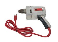 Front view of vintage Penncraft electric power drill showing metal casing, black handle, and red cord with plug.