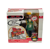 Front of the box showing the Jay Jay action figure in green jersey with talking feature and packaging wear.
