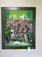 Frontal image showing the entire framed original acrylic painting on board signed by Francois, featuring a vibrant cityscape with figures and buildings.
