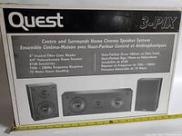 Box front showing Quest branding, model 3-Pix, image of centre and surround speakers, and key features