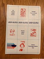 Mini-album page showing Canadian stamps with thematic sections labeled Arts, Animals, Science, and History with stamp images and denominations.