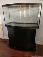 Full view of clear glass aquarium with black frame atop black stand with doors closed. Shows overall tank shape and stand style.