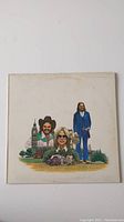 Front cover of 'America - Greatest Hits' vinyl album with illustrated portraits and landscape.