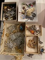 Overview of all costume jewelry pins in multiple small boxes showing variety of styles and designs