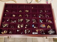 Overview of multiple earrings in burgundy velvet organizer showing various styles and categories of earrings.