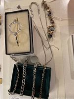 Photo showing various silver-tone bracelets and a necklace along with a charm bracelet with colored charms.
