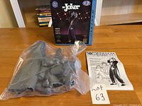 Unopened plastic bag containing parts for The Joker vinyl model kit and assembly instructions laid out beside it.