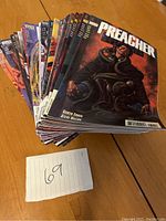 Stack of Preacher comic books, showing issue number range 32 to 66.