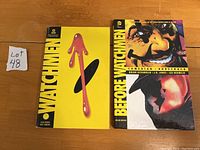 Front cover of Watchmen and Before Watchmen hardcover graphic novels showing main cover art and titles