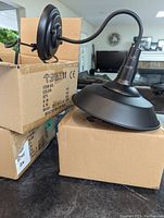 Side view of one black metal wall sconce on cardboard with attached curved arm, showing curved arm and lampshade.