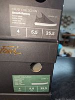Photo of two stacked shoe boxes showing size and model details, titled Cambie Lo, part of Crust Collection Smooth Runway edition, size 4 men/5.5 women
