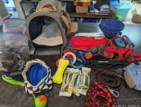 Full view of all pet supplies including carrier, harness, collars, leashes, chew toys, water dishes and more