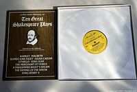 Record box with title 'Collectors Library of Ten Great Shakespeare Plays' and one vinyl record showing yellow label with title Hamlet.